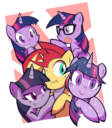 Size: 1270x1440 | Tagged: safe, artist:rvceric, character:mean twilight sparkle, character:sunset shimmer, character:tree of harmony, character:treelight sparkle, character:twilight sparkle, character:twilight sparkle (scitwi), species:pony, species:unicorn, ship:sunsetsparkle, episode:the mean 6, episode:what lies beneath, g4, my little pony: friendship is magic, my little pony:equestria girls, adoracreepy, clone, creepy, cute, do not want, equestria girls ponified, female, glasses, lesbian, lidded eyes, multeity, open mouth, ponified, shipping, smiling, sunset gets all the twilights, sunset shimmer gets all the mares, sunset twiangle, tree of harmony, treelight sparkle, unicorn sci-twi