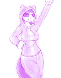 Size: 538x689 | Tagged: safe, artist:drbdnv, character:octavia melody, species:anthro, breasts, busty octavia, clothing, female, happy, hoodie, monochrome, sketch, solo, sunglasses