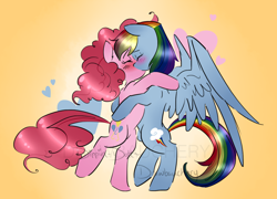 Size: 1142x824 | Tagged: safe, artist:dippin-dott, artist:drawbauchery, character:pinkie pie, character:rainbow dash, species:earth pony, species:pegasus, species:pony, ship:pinkiedash, blushing, eyes closed, female, heart, kissing, lesbian, mare, shipping
