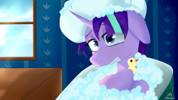 Size: 3840x2160 | Tagged: safe, artist:dashy21, character:starlight glimmer, species:pony, species:unicorn, episode:father knows beast, g4, my little pony: friendship is magic, bath, bathtub, female, rubber duck, solo, terrified