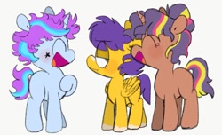 Size: 850x517 | Tagged: safe, artist:pinkiespresent, oc, parent:flash sentry, parent:starlight glimmer, parent:sunburst, parent:sunset shimmer, parent:trixie, parent:twilight sparkle, parents:flashburst, parents:startrix, parents:sunsetsparkle, cute, eyes closed, laughing, magical gay spawn, magical lesbian spawn, next generation, ocbetes, offspring, unamused