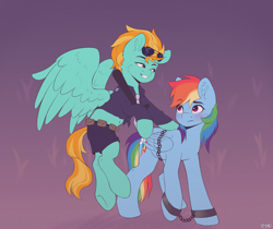Size: 2000x1678 | Tagged: safe, artist:spirit-dude, character:lightning dust, character:rainbow dash, arrested, belly button, blushing, bound wings, chains, cuffs, police officer, police uniform, prisoner rd, shackles, smiling, smirk, sunglasses