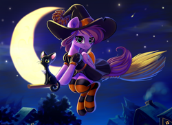 Size: 3260x2370 | Tagged: safe, artist:taneysha, oc, oc only, oc:vee ness, species:pegasus, species:pony, black cat, broom, cat, clothing, crescent moon, female, flying, flying broomstick, halloween, hat, holiday, houses, kneesocks, mare, moon, night, smiling, socks, striped socks, witch, witch hat