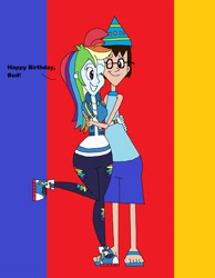 Size: 1865x2409 | Tagged: safe, artist:hunterxcolleen, character:rainbow dash, oc, oc:stewart gary, g4, my little pony: equestria girls, my little pony:equestria girls, clothing, converse, hat, hug, one eye closed, pairings, party hat, shoes, talking, wink