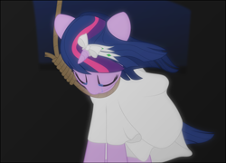 Size: 1920x1382 | Tagged: safe, artist:eagle1division, character:twilight sparkle, species:pony, bow, clothing, crying, dark background, dress, execution, eyes closed, female, hanging (by neck), imminent suicide, mare, noose, ribbon, rope, sad, solo, white dress