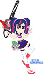 Size: 883x1489 | Tagged: safe, artist:anime-equestria, character:spike, character:twilight sparkle, species:human, my little pony:equestria girls, belly button, breasts, candy, chainsaw, cheerleader, cheerleader outfit, cleavage, clothing, disembodied head, food, human coloration, humanized, juliet starling, lollipop, lollipop chainsaw, midriff, miniskirt, nick carlyle, pigtails, pleated skirt, skirt, smiling, socks, sports bra, thigh highs, voice actor joke, zettai ryouiki