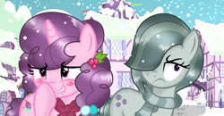 Size: 1300x675 | Tagged: safe, artist:doraeartdreams-aspy, base used, character:marble pie, character:sugar belle, barrette, boop, clothing, jealous, scarf, self-boop, snow, town hall, tree