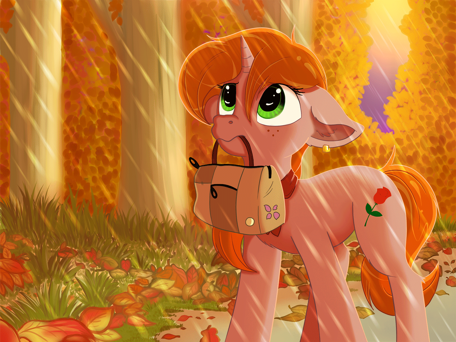 Size: 1470x1103 | Tagged: safe, artist:zobaloba, oc, oc only, oc:debra rose, species:pegasus, species:pony, species:unicorn, animated, autumn, bag, blinking, commission, cutie mark, ear fluff, female, floppy ears, gif, gift art, goodbye, horn, leaves, mare, mouth hold, rain, sad, scenery, solo, tree, ych result