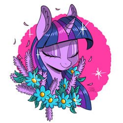 Size: 1280x1280 | Tagged: safe, artist:ask-colorsound, character:twilight sparkle, species:pony, bust, eyes closed, female, floral, flower, mare, portrait, smiling, solo, sparkles