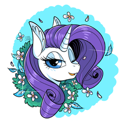 Size: 2500x2500 | Tagged: safe, artist:ask-colorsound, character:rarity, species:pony, species:unicorn, bust, female, floral, mare, one eye closed, smiling, solo, white, wink