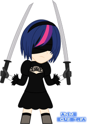 Size: 797x1115 | Tagged: safe, artist:anime-equestria, character:twilight sparkle, species:human, 2b, clothing, dress, female, hairband, human coloration, humanized, katana, nier: automata, simple background, skirt, solo, stockings, sword, thigh highs, transparent background, visor, weapon