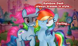 Size: 1400x825 | Tagged: safe, artist:doraeartdreams-aspy, character:rainbow dash, character:rainbow dash (g3), g3, castle, darling, g3 to g4, generation leap, generational ponidox, menacing, ponidox, ponyville, ponyville (g3), rainbow dash always dresses in style, text