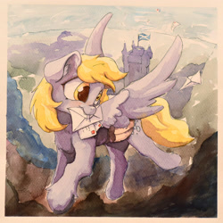 Size: 3725x3725 | Tagged: safe, artist:ruby, character:derpy hooves, species:pegasus, species:pony, castle, female, flying, high res, letter, mail, mailmare, mare, mouth hold, scotland, solo, traditional art