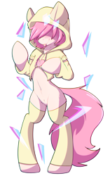 Size: 1783x2842 | Tagged: safe, artist:rileyisherehide, character:fluttershy, blep, blushing, butterscotch, clothing, femboy, hoodie, male, open-chest hoodie, pubic fluff, rule 63, semi-anthro, silly, simple background, socks, solo, standing, sweater, thigh highs, tongue out, transparent background
