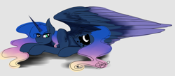 Size: 2166x943 | Tagged: safe, artist:shamy-crist, character:princess luna, species:pony, alternate hairstyle, female, gray background, prone, simple background, solo, two toned wings