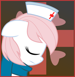 Size: 900x918 | Tagged: safe, artist:eagle1division, character:nurse redheart, bowing, clothing, cutie mark background, eyes closed, female, floppy ears, hat, nurse hat, profile view, red cross, sad, scarf, side view, solo, vector