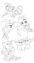 Size: 800x1491 | Tagged: safe, artist:celestial-rainstorm, character:discord, character:good king sombra, character:king sombra, character:pharynx, character:prince pharynx, character:princess cadance, character:princess luna, character:shining armor, character:thorax, oc, oc:king galaxias, species:changeling, species:pony, species:reformed changeling, ship:shiningcadance, changedling brothers, father and daughter, female, filly, male, monochrome, shipping, sketch, sketch dump, straight, woona, younger