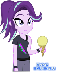 Size: 683x853 | Tagged: safe, alternate version, artist:anime-equestria, derpibooru original, character:starlight glimmer, my little pony:equestria girls, 80s, bands, clothing, female, food, ice cream, ponytail, shirt, simple background, smiling, solo, that human sure does love ice cream