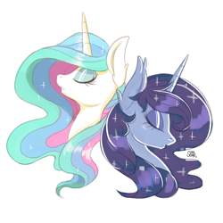 Size: 2500x2500 | Tagged: safe, artist:ask-colorsound, character:princess celestia, character:princess luna, species:alicorn, species:pony, duo, eyes closed, female, mare, royal sisters, signature, simple background, sisters, white background