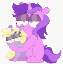 Size: 612x622 | Tagged: safe, artist:pinkiespresent, character:amethyst star, character:dinky hooves, character:sparkler, species:pony, species:unicorn, blank flank, blushing, dinkabetes, don't talk to me or my son ever again, duo, female, filly, frown, hug, judging you, kidcore, lidded eyes, mare, missing cutie mark, simple background, sisterly sparkler, sisters, sitting, unamused, white background, younger