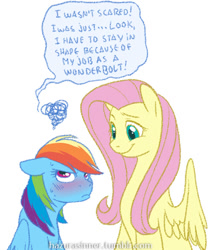 Size: 500x586 | Tagged: safe, artist:hazurasinner, character:fluttershy, character:rainbow dash, blatant lies, blushing, denial, embarrassed, size difference, smiling, text