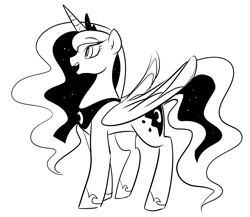 Size: 1500x1300 | Tagged: safe, artist:haden-2375, artist:haden__, character:princess luna, species:alicorn, species:pony, black and white, female, grayscale, happy, mare, monochrome, simple background, sketch, smiling, solo, white background