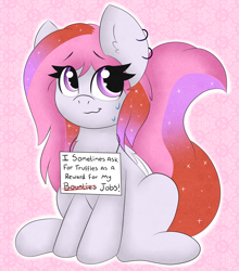 Size: 2635x3000 | Tagged: safe, artist:miss-jessiie, oc, oc only, species:earth pony, species:pony, abstract background, digital art, ear fluff, ear piercing, female, gradient hair, high res, looking at you, mare, piercing, pony shaming, shaming, sitting, smiling, solo, sweat, ych result
