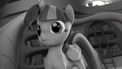 Size: 1920x1080 | Tagged: safe, artist:argodaemon, character:twilight sparkle, character:twilight sparkle (alicorn), species:alicorn, species:pony, 3d, black and white, blank expression, faec, female, golden oaks library, grayscale, hello darkness my old friend, mare, monochrome, solo, source filmmaker