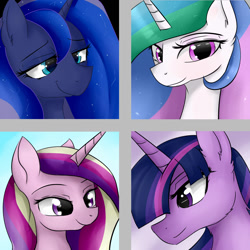 Size: 1050x1050 | Tagged: safe, artist:dashy21, character:princess cadance, character:princess celestia, character:princess luna, character:twilight sparkle, character:twilight sparkle (alicorn), species:alicorn, species:pony, alicorn tetrarchy, bust, female, lidded eyes, looking at you, mare, portrait, smiling
