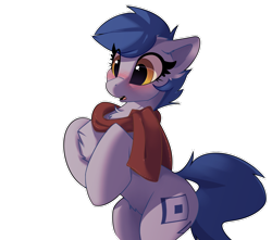 Size: 1280x1130 | Tagged: safe, artist:rileyisherehide, oc, oc only, oc:blueberry, species:earth pony, species:pony, background removed, bipedal, blushing, chest fluff, clothing, cute, cutie mark, hooves, scarf, solo, surprised