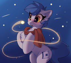 Size: 1280x1130 | Tagged: safe, artist:rileyisherehide, oc, oc only, oc:blueberry, bipedal, blushing, chest fluff, clothing, cute, cutie mark, firefly, hooves, night, scarf, solo, stars, surprised