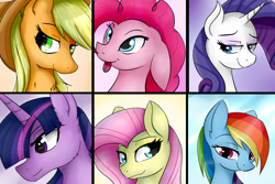 Size: 1500x1000 | Tagged: safe, artist:dashy21, character:applejack, character:fluttershy, character:pinkie pie, character:rainbow dash, character:rarity, character:twilight sparkle, character:twilight sparkle (alicorn), species:alicorn, species:earth pony, species:pegasus, species:pony, species:unicorn, applejack's hat, blep, bust, clothing, cowboy hat, female, floppy ears, hat, lidded eyes, looking at you, mane six, mare, portrait, silly, smiling, tongue out