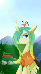 Size: 2160x3840 | Tagged: safe, artist:dashy21, character:queen chrysalis, species:changeling, species:reformed changeling, a better ending for chrysalis, cake, chest fluff, cute, cutealis, ear fluff, female, floppy ears, food, lidded eyes, purified chrysalis, reformed, sitting, smiling, solo, table