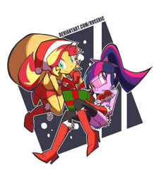 Size: 1359x1559 | Tagged: safe, artist:rvceric, character:sunset shimmer, character:twilight sparkle, character:twilight sparkle (scitwi), species:eqg human, my little pony:equestria girls, bare shoulders, boots, christmas, clothing, glasses, holiday, midriff, present, sack, shoes, skirt, upskirt
