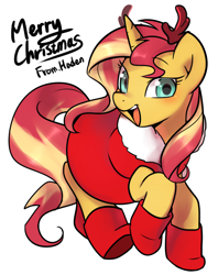 Size: 1168x1472 | Tagged: safe, artist:haden-2375, character:sunset shimmer, species:pony, species:unicorn, boots, christmas, cute, female, holiday, looking at you, mare, open mouth, shimmerbetes, shoes, smiling, solo