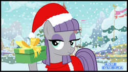 Size: 1140x646 | Tagged: safe, artist:anime-equestria, character:maud pie, species:pony, bow, christmas, clothing, cute, female, happy, hat, holiday, maudabetes, ponyville, present, smiling, snow, snowfall, solo, vector, when she smiles