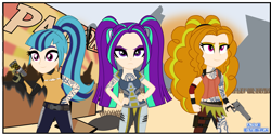 Size: 2725x1357 | Tagged: safe, artist:anime-equestria, character:adagio dazzle, character:aria blaze, character:sonata dusk, species:human, my little pony:equestria girls, borderlands, borderlands 2, clothing, desert, eyeshadow, frown, grass, group, gun, handgun, human coloration, humanized, leg strap, makeup, mountain, pigtails, ponytail, pouch, revolver, rock, sign, siren (borderlands), skirt, smiling, tattoo, the dazzlings, twintails, vest, weapon