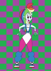 Size: 1713x2401 | Tagged: safe, artist:hunterxcolleen, character:rainbow dash, species:human, my little pony:equestria girls, 80s, checkered background, clothing, headband, humanized, leg warmers, leotard, weights