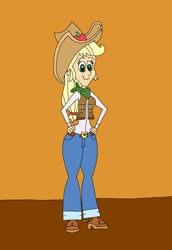Size: 1561x2273 | Tagged: safe, artist:hunterxcolleen, character:applejack, species:human, my little pony:equestria girls, belt, belt buckle, boots, clothing, cowboy boots, cowboy hat, cowgirl, cowgirl outfit, hat, humanized, jeans, looking at you, pants, shoes, stetson, vest