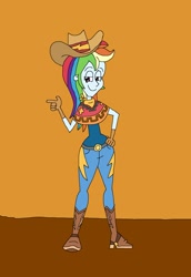 Size: 1561x2273 | Tagged: safe, artist:hunterxcolleen, character:rainbow dash, species:human, my little pony:equestria girls, belt, belt buckle, boots, clothing, cowboy boots, cowboy hat, cowgirl, cowgirl outfit, hat, humanized, jeans, looking at you, pants, poncho, shoes, stetson