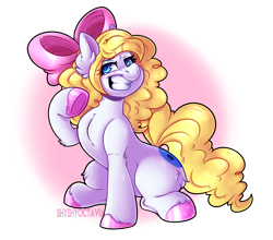 Size: 3488x3065 | Tagged: safe, artist:shyshyoctavia, oc, oc only, oc:treble spirit, species:pony, species:unicorn, bow, commission, ear fluff, female, grin, hair bow, high res, mare, one hoof raised, signature, simple background, smiling, solo, transparent background