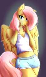 Size: 1500x2500 | Tagged: safe, artist:huckser, character:fluttershy, species:anthro, species:pegasus, species:pony, belly button, clothing, female, looking at you, mare, midriff, shirt, shorts, smiling, solo