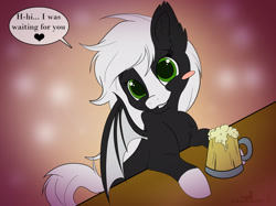 Size: 2450x1837 | Tagged: safe, artist:zobaloba, oc, oc:midnight shine, species:bat pony, species:pony, apple cider (drink), cute, dialogue, eyelashes, female, flat colors, green eyes, lineart, mare, mug, solo, wings, ych example, ych result, your character here