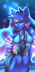 Size: 2680x5452 | Tagged: safe, artist:ask-colorsound, character:princess luna, species:alicorn, species:anthro, species:pony, breasts, busty princess luna, cleavage, clothing, dress, female, mare, slit eyes, smiling, solo