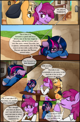 Size: 1280x1947 | Tagged: safe, artist:stuflox, character:applejack, character:berry punch, character:berryshine, character:twilight sparkle, character:twilight sparkle (alicorn), species:alicorn, species:pony, comic:the count of monte rainbow, alcohol, bottle, caderousse, clothing, comic, danglajacks, danglars, glass, mondego, monsparkle, scar, table, the count of monte cristo, the count of monte rainbow, wine