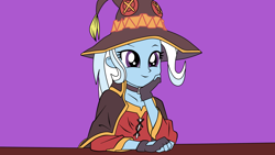 Size: 1920x1080 | Tagged: safe, artist:philelmago, character:trixie, my little pony:equestria girls, clothing, crossover, cute, female, hat, konosuba, megumin, solo, witch hat