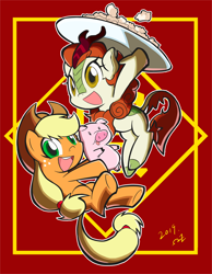 Size: 938x1210 | Tagged: safe, artist:rvceric, character:applejack, character:autumn blaze, species:earth pony, species:kirin, species:pony, episode:sounds of silence, g4, my little pony: friendship is magic, applejack's hat, awwtumn blaze, chinese new year, clothing, cowboy hat, cute, dumplings, female, food, freckles, hat, jackabetes, looking at you, mare, open mouth, pig, year of the pig