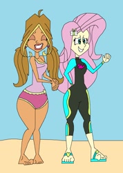 Size: 1513x2129 | Tagged: safe, artist:hunterxcolleen, character:fluttershy, species:human, g4, my little pony: equestria girls, my little pony:equestria girls, beach, clothing, crossover, feet, flora, flora (winx club), one-piece swimsuit, sandals, swimsuit, wetsuit, winx club