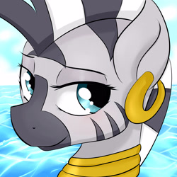 Size: 3000x3000 | Tagged: safe, artist:dashy21, character:zecora, species:zebra, bust, ear piercing, earring, female, jewelry, lidded eyes, looking at you, piercing, quadrupedal, smiling, solo