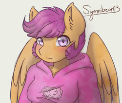 Size: 1000x846 | Tagged: safe, artist:synnibear03, character:scootaloo, oc, oc:ponytale scootaloo, species:anthro, species:pegasus, species:pony, comic:ponytale, blushing, bust, clothing, cute, cutealoo, ear fluff, female, hoodie, solo